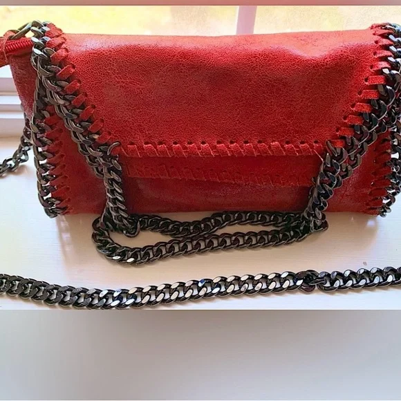 Italian Red Leather Chain Shoulder or Crossbody Bag Sofia designs Pewter Chain - Picture 1 of 16
